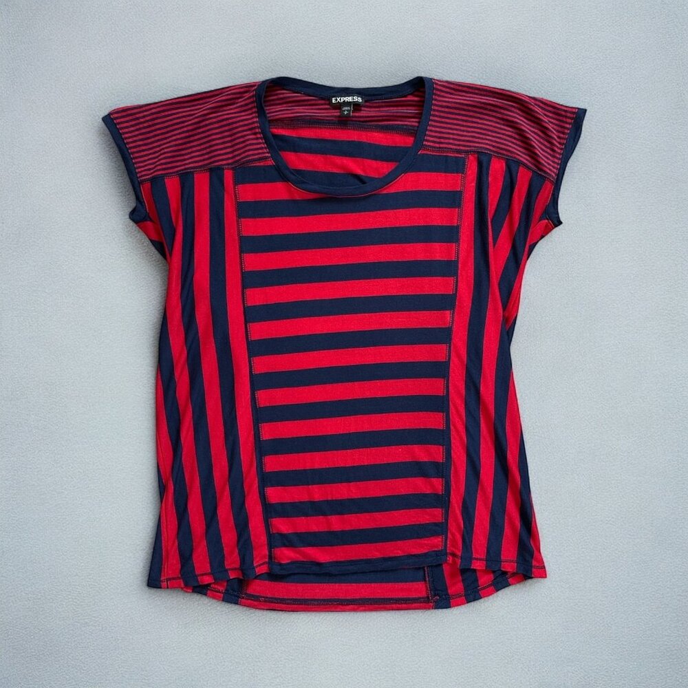 Express Shirt Womens Small Striped Short Sleeve Lightweight Top Red Navy Causal